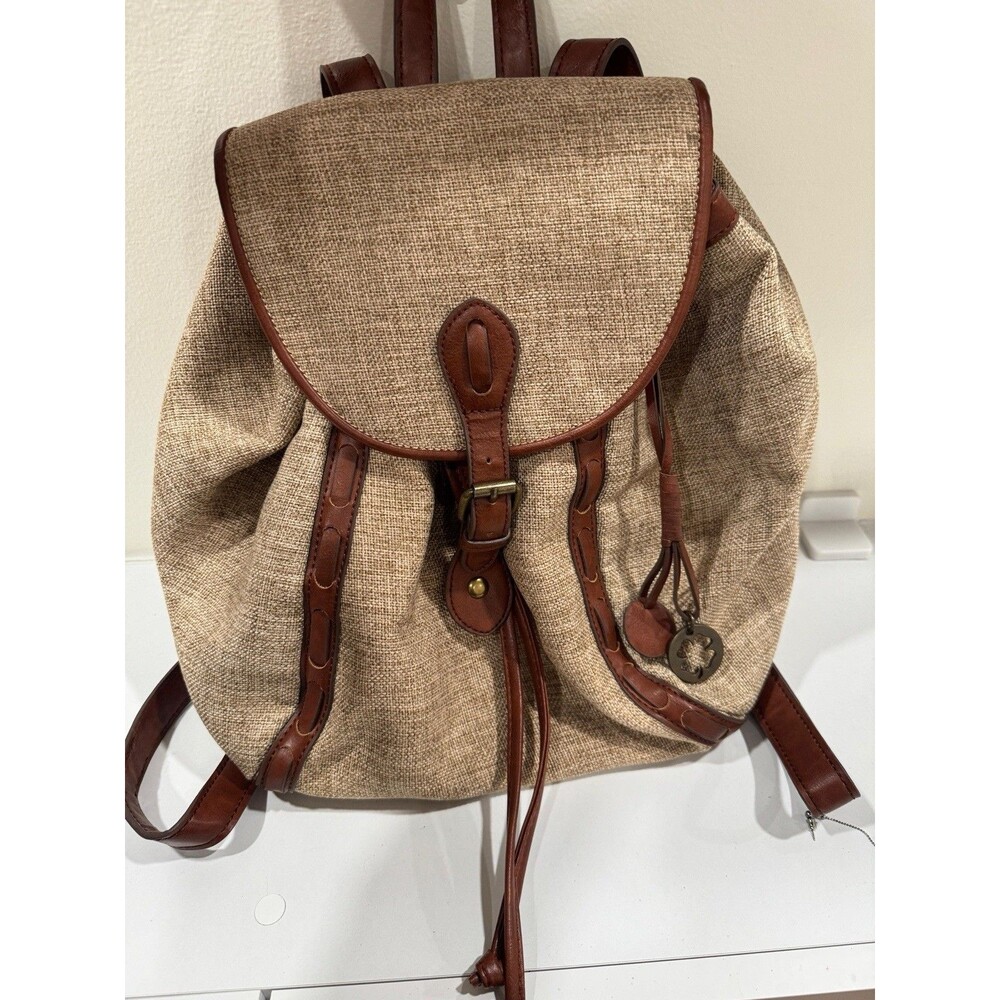 Lucky‎ brand tan natural fiber burlap brown leather backpack purse